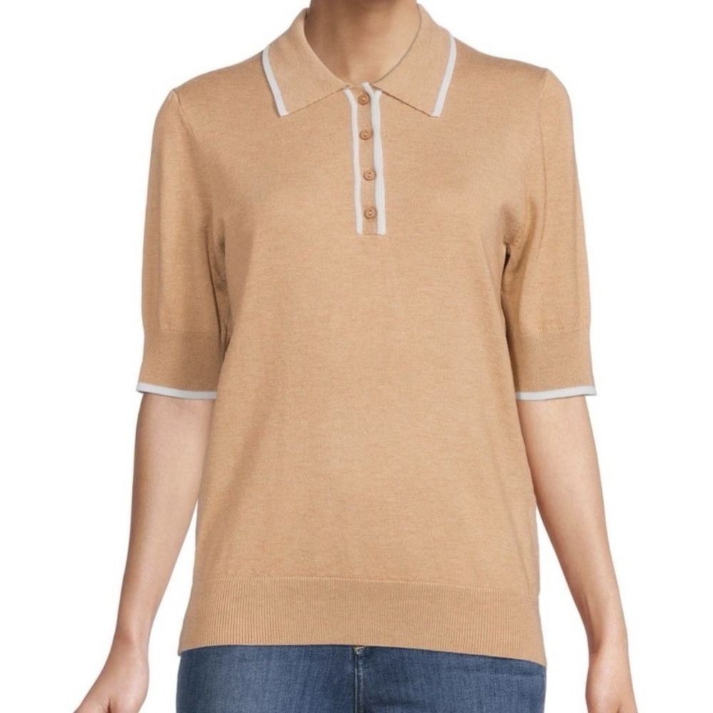 Saks Fifth Avenue Knit Polo Women L Camel Tan White Trim Short Sleeve Sweater